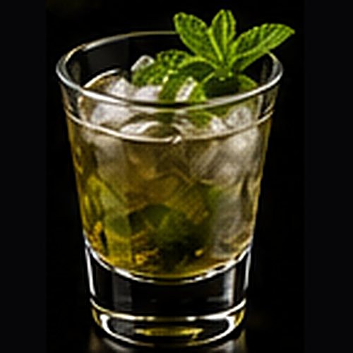 Mint Julep classic cocktail on a dark bar background