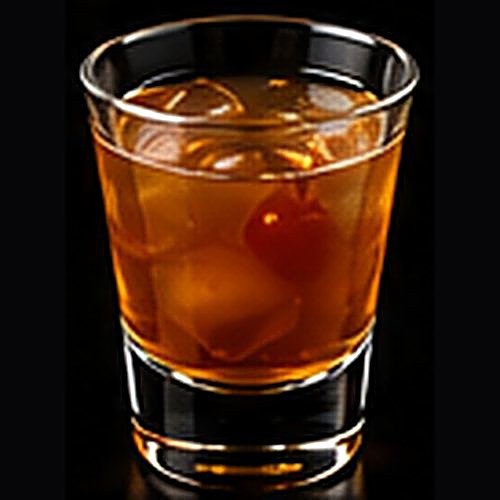 Vieux Carré classic cocktail on a dark bar background