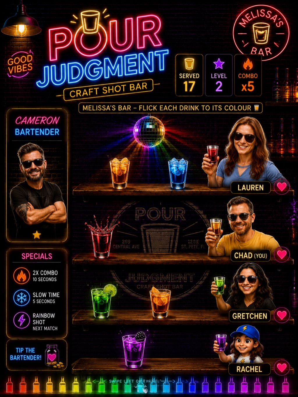 Pour Judgment Craft Shot Bar — Melissa's Bar arcade game poster: neon sign, glowing shots on shelves, Cameron the bartender, and the regulars raising a toast. Free to play.