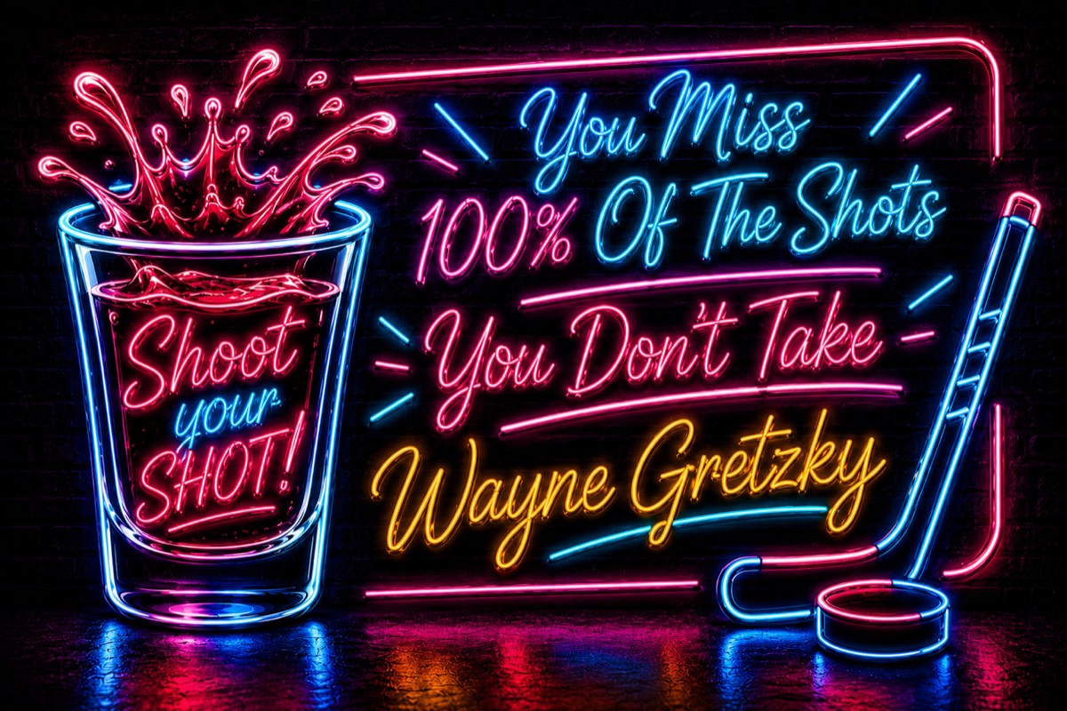 Neon sign: Shoot your shot — 'You miss 100% of the shots you don't take' — Wayne Gretzky