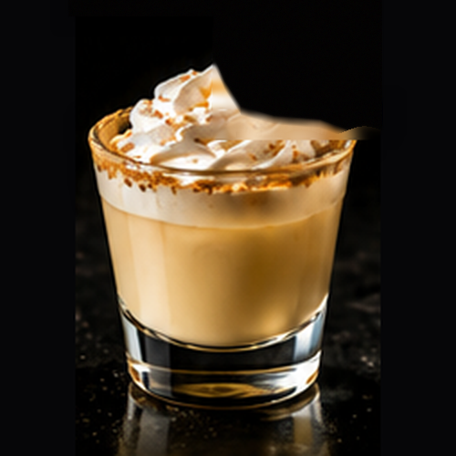 Banana Cream Pie craft shot with graham cracker crust, whipped cream, vanilla wafer on a dark bar background
