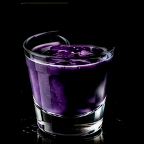 Blueberry Lavender Sour craft shot with edible flower on a dark bar background
