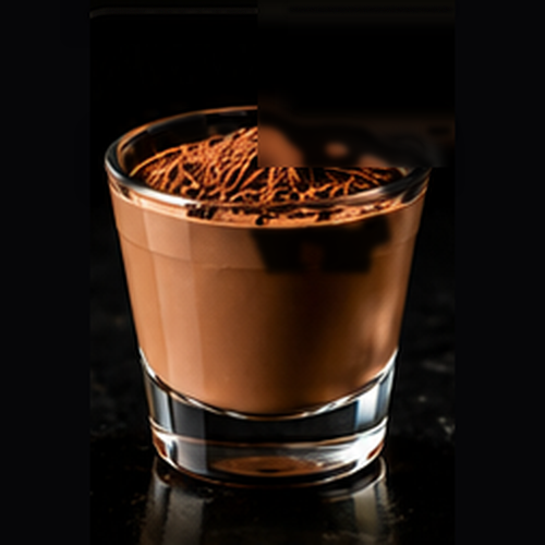 Bourbon Ball craft shot with cocoa powder on a dark bar background