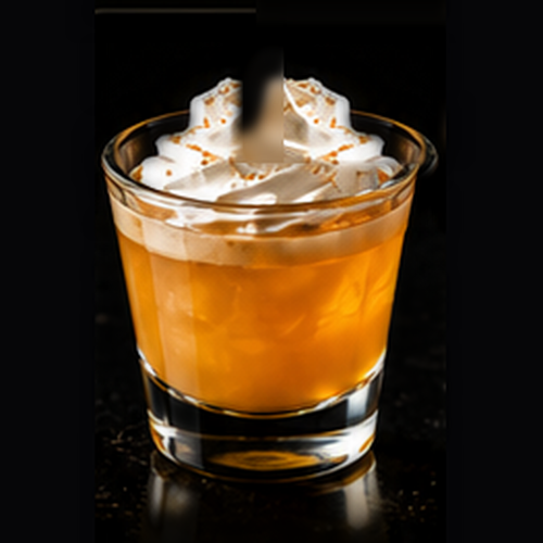 Butterbeer craft shot with whipped cream on a dark bar background