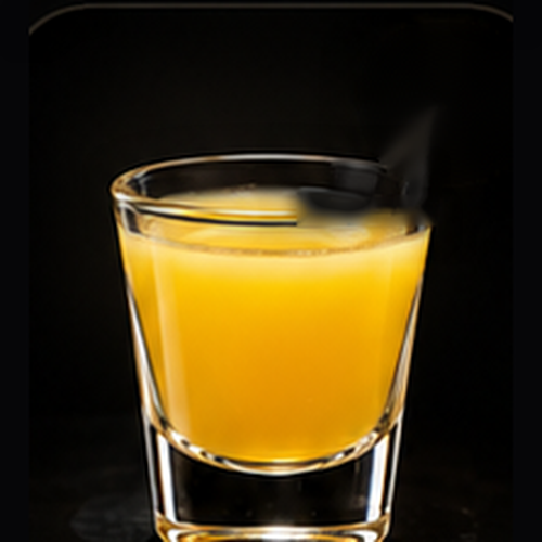 Capri-Sun served as a bartender's actual favorite shot with none listed on a dark bar background