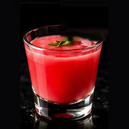 Cheshire Cat craft shot with cranberry juice topper on a dark bar background