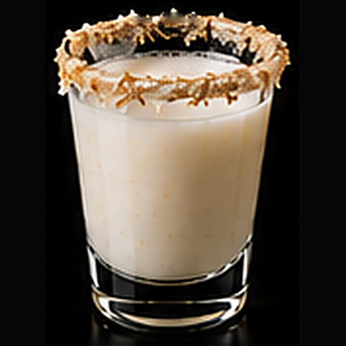 Coconut Margarita served in a rocks glass with lime garnish on a dark bar background