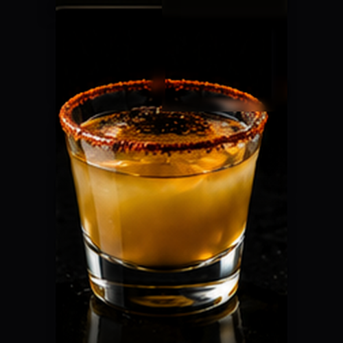 Hairy Chest craft shot with cayenne sugar rim on a dark bar background