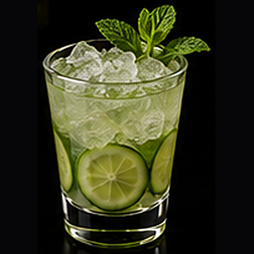 Herbal Refresher served in a highball glass with fresh strawberries on a dark bar background
