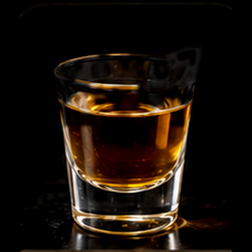 Jameson Irish Whiskey served as a bartender's actual favorite shot with served straight on a dark bar background