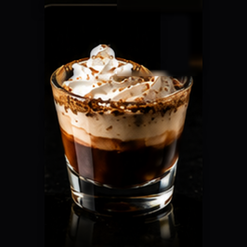 Left Twix craft shot with graham cracker rim, whipped cream on a dark bar background