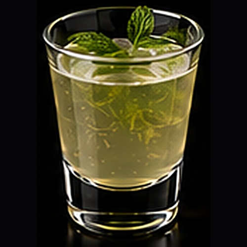 Moroccan Mojito served in a highball glass with mint sprig on a dark bar background