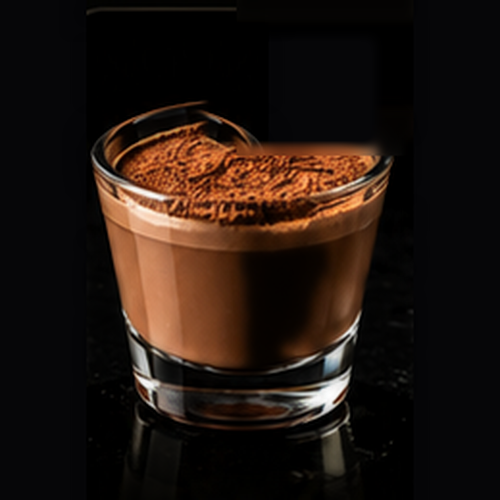 Nutella craft shot with cocoa powder, graham cracker rim on a dark bar background