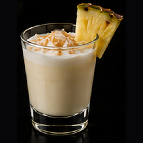 Pina-Col-Nada served in a hurricane glass with cherry on a dark bar background