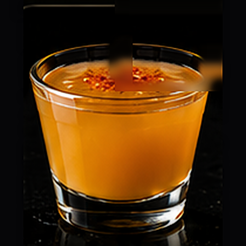 Spicy Mango craft shot with cayenne sugar rim on a dark bar background