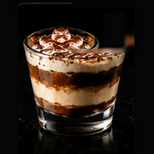 Tiramisu craft shot with whipped cream, cocoa powder, graham cracker crust on a dark bar background
